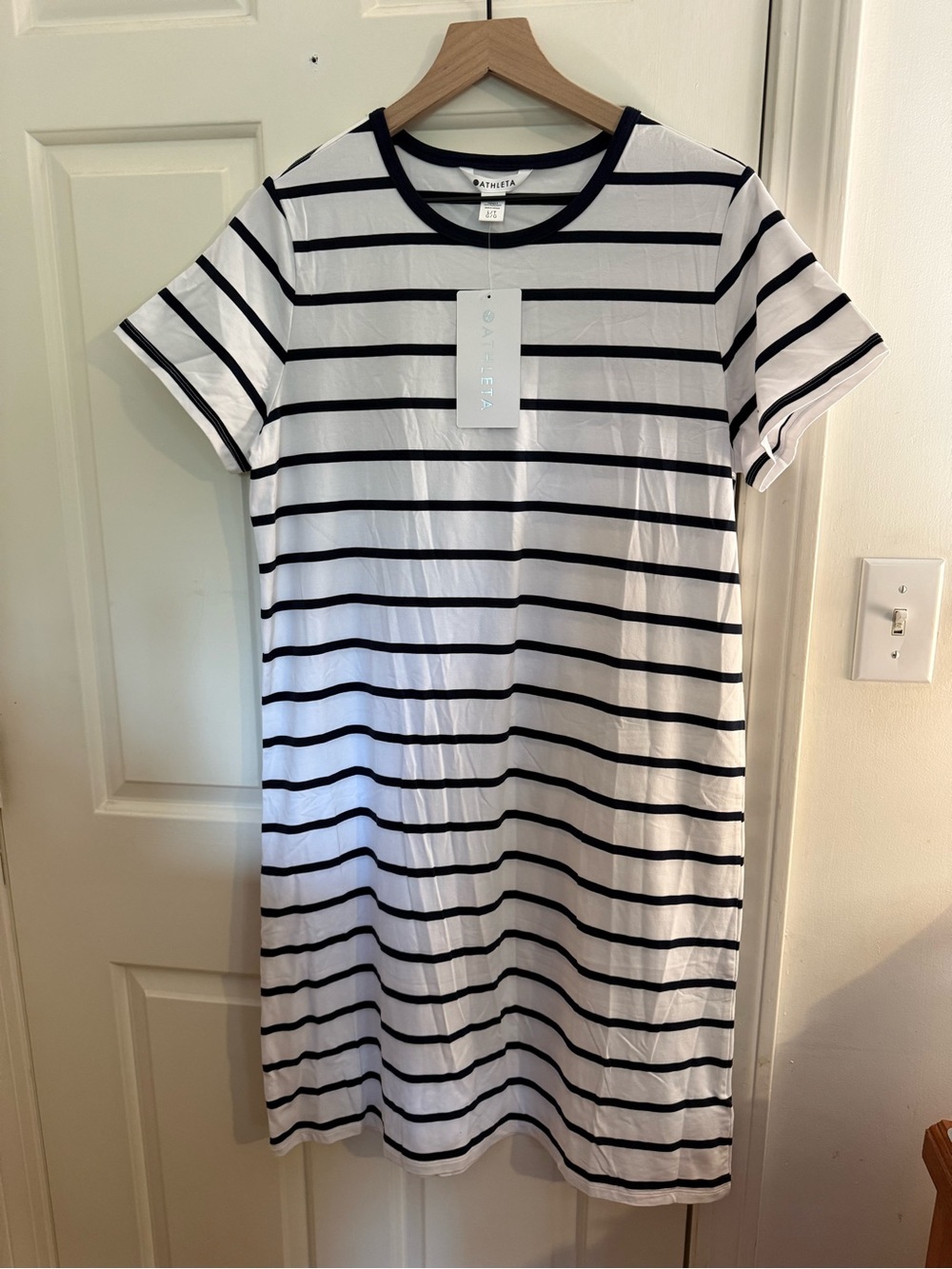 Athleta Navy and White Striped Essential Tee Dress NWT